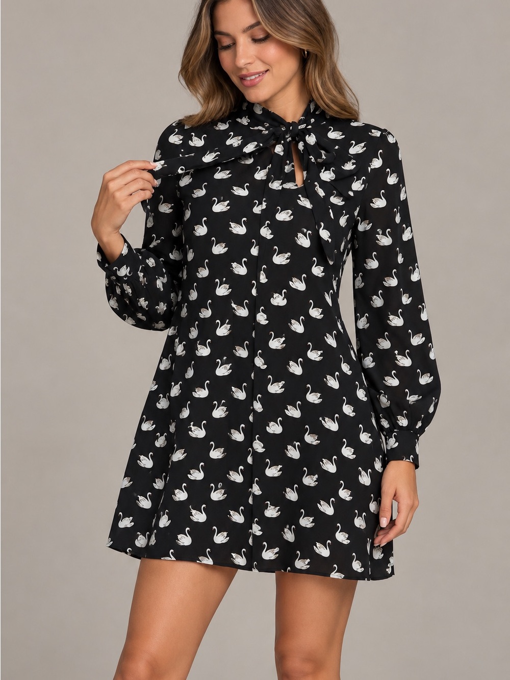 Maeve Black Swan-Print Tie-Neck Mini Dress